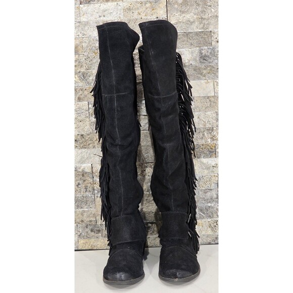 Naughty Monkey Suede Boots Over the Knee Fringe Black Boho Biker Western 8.5 - Picture 8 of 16